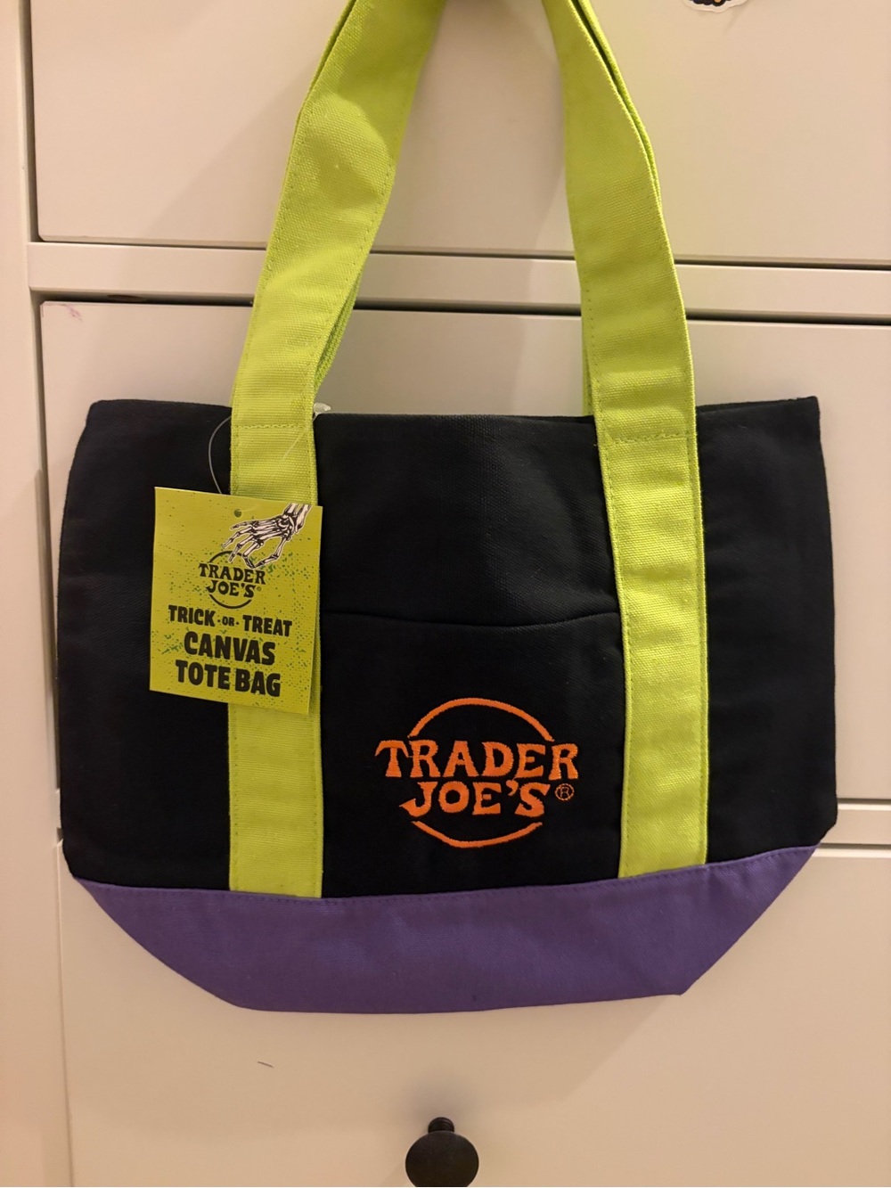 Trader Joe's Halloween Black Canvas Tote with Lime Handles and Purple Base